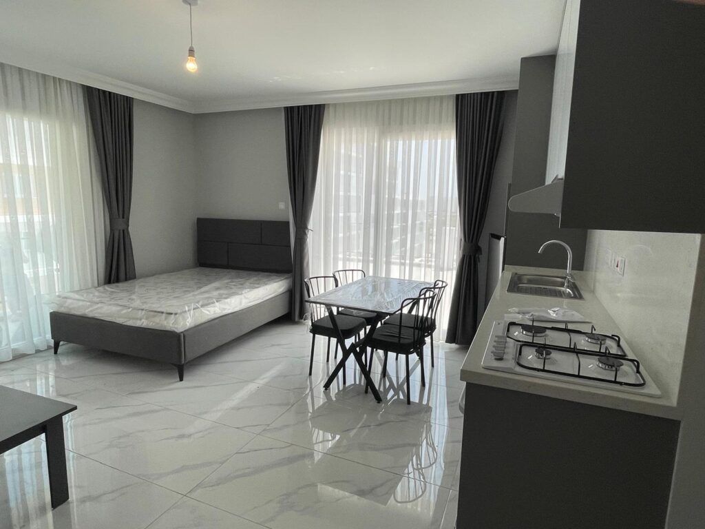 Modernes Wohn- und Esszimmer mit Schlafbereich, Küchenecke und großen Fenstern.