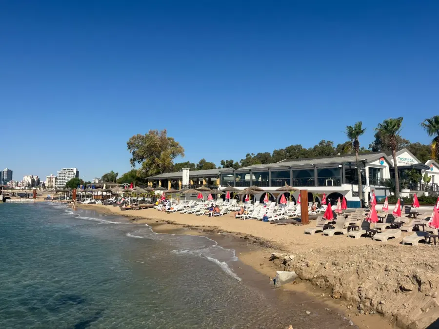 Strand mit Sonnenschirmen am Long Beach